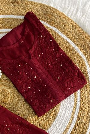 Zoya rayon Mukaish kurta set with dupatta - maroon