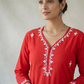 Tisha Cotton Chikankari Long Kurta- Red