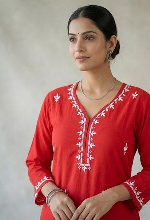 Tisha Cotton Chikankari Long Kurta- Red