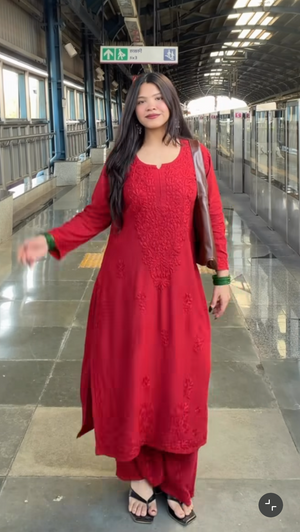 Aisha Rayon Chikankari kurta palazzo set- Red