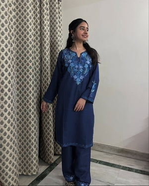 Kashmiri cotton Aari Kurta Set- Blue