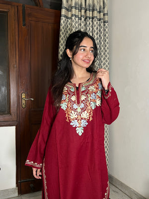 Zoha Kashmiri wool long kurta- Maroon