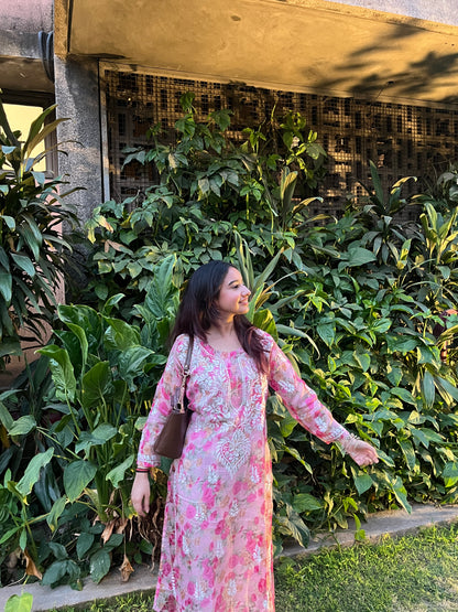 Zoya Kota cotton print Chikankari Kurta- Pink