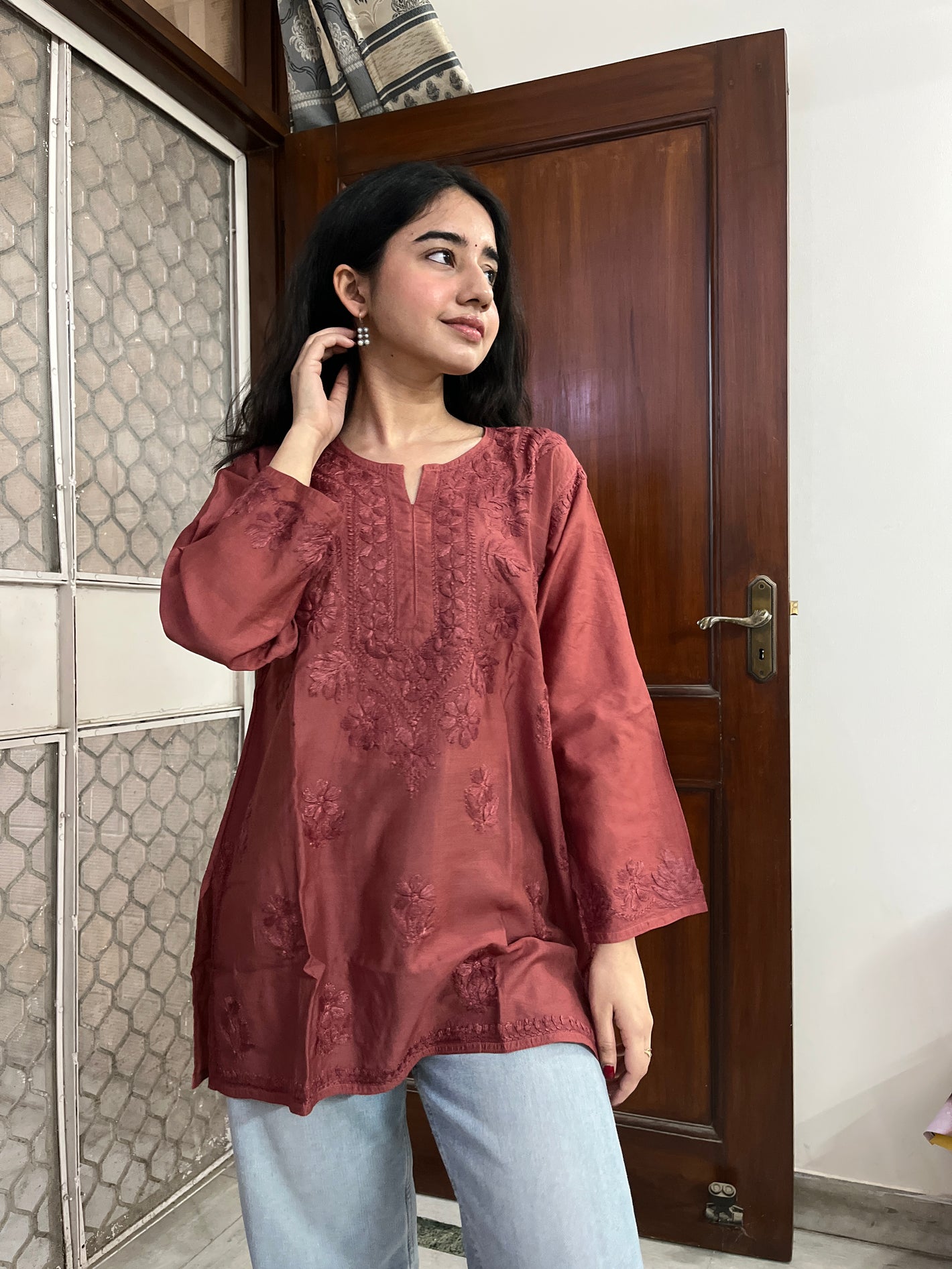 Jiya Chanderi short kurti- Dark Brown