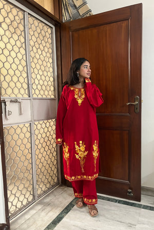 Kashmiri Woollen kurta set- Red
