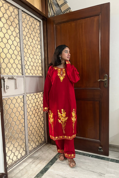 Kashmiri Woollen kurta set- Red