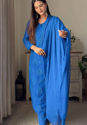 Haniya Viscose mukaish georgette suit set- Royal blue