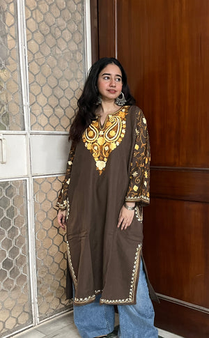 Kashmiri Aari Woollen Pheran- Brown