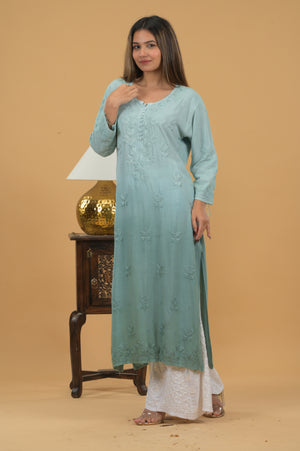 Rayon Ombre Chikankari Kurta- Green