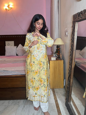 Zaira Chanderi printed Long Kurta- Yellow