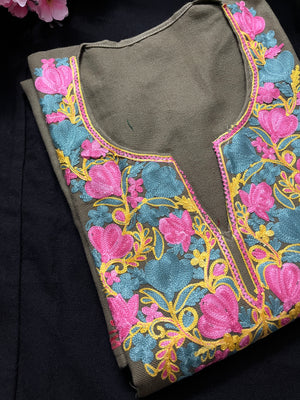 Noor Aari Woollen Pheran- Olive green