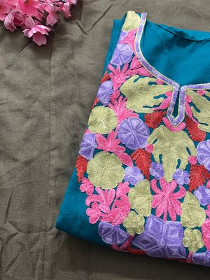 Noor Aari Woollen Pheran- Teal