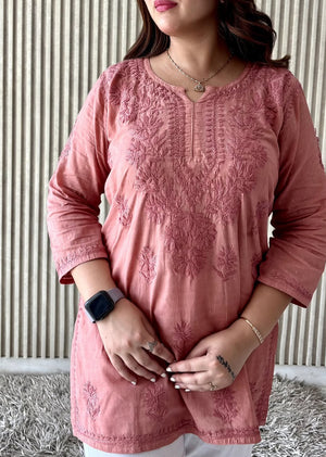 Jiya Dobby cotton short kurti- Peachy pink