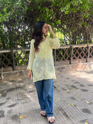Falak Viscose Georgette Short kurta- Light yellow