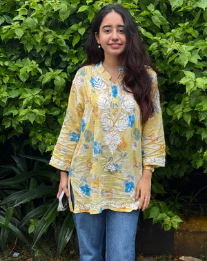 Mulmul print short kurti- yellow