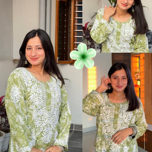 Siya mulmul cotton Chikankari Kurta set- green