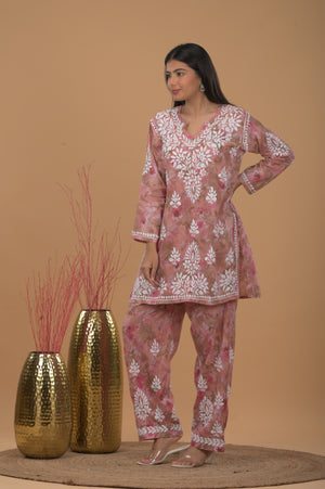 Ashima Mulmul Chikankari Coord Set- Pink