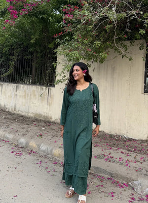 Aisha Rayon Chikankari kurta palazzo set- Dark Green