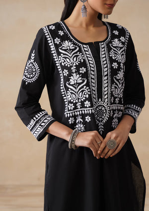Cotton Chikankari Kurta Set- Black