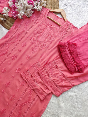 Jasmine Rayon lace kurta set with dupatta- Coral