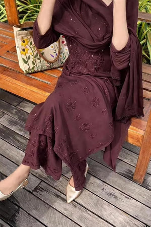 Raya Rayon Mukaish Kurta Set- Burgundy brown