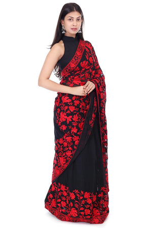 Kashmiri Chinar embroidered saree- Black