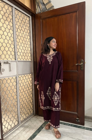 Kashmiri Woollen kurta set- Maroon