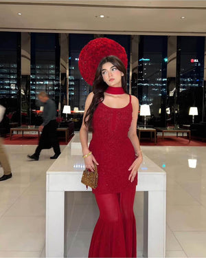 Aiza Viscose strappy Short Kurti Gharara Set - Red