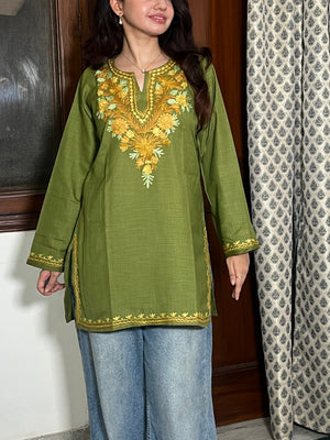 Trisha Kashmiri Short Cotton kurti- Green