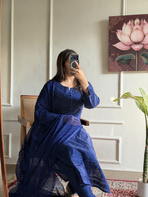 Saniya Mulmul Cotton Chikankari Suit set- Blue