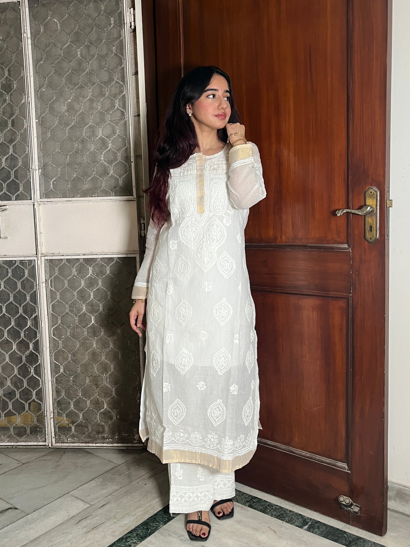Kota cotton white Chikankari Kurta with cotton inner