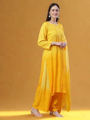 Rayon Chikankari Women's 3 PC Long Kurta Set - Yellow