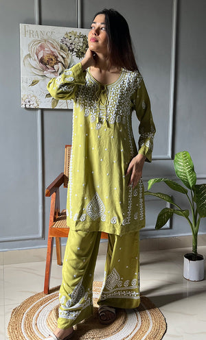 Hiba Modal Cotton kurta pants set- Green