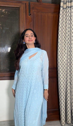 Zoya Viscose Cutdana suit set- Ice blue