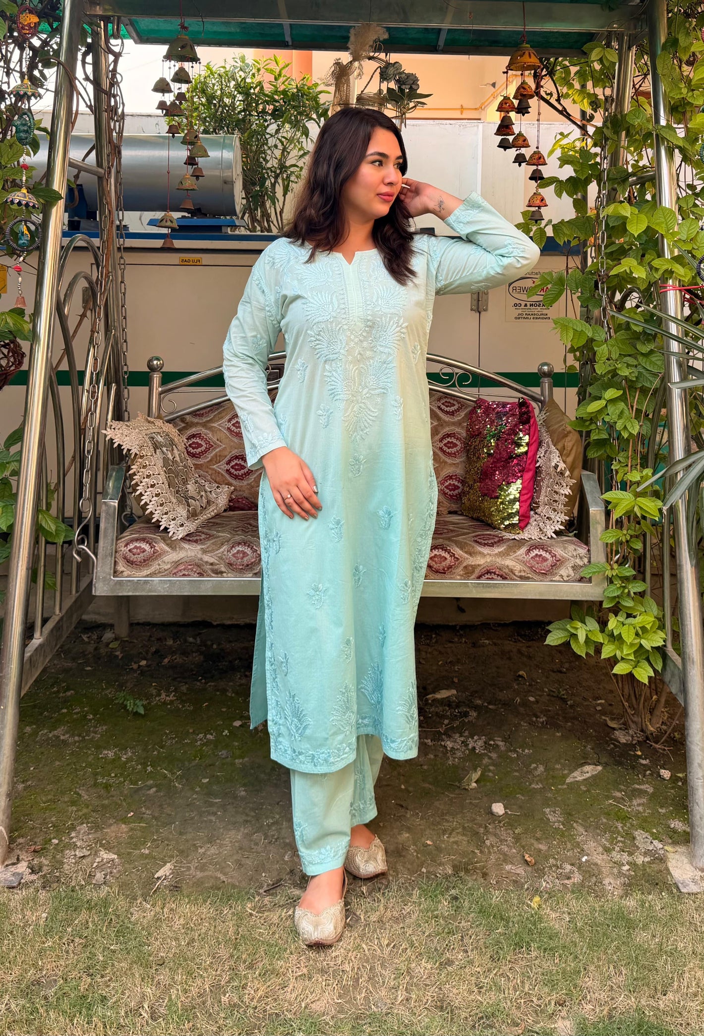 Jia Mulmul Cotton ombre Chikankari Kurta set- Teal