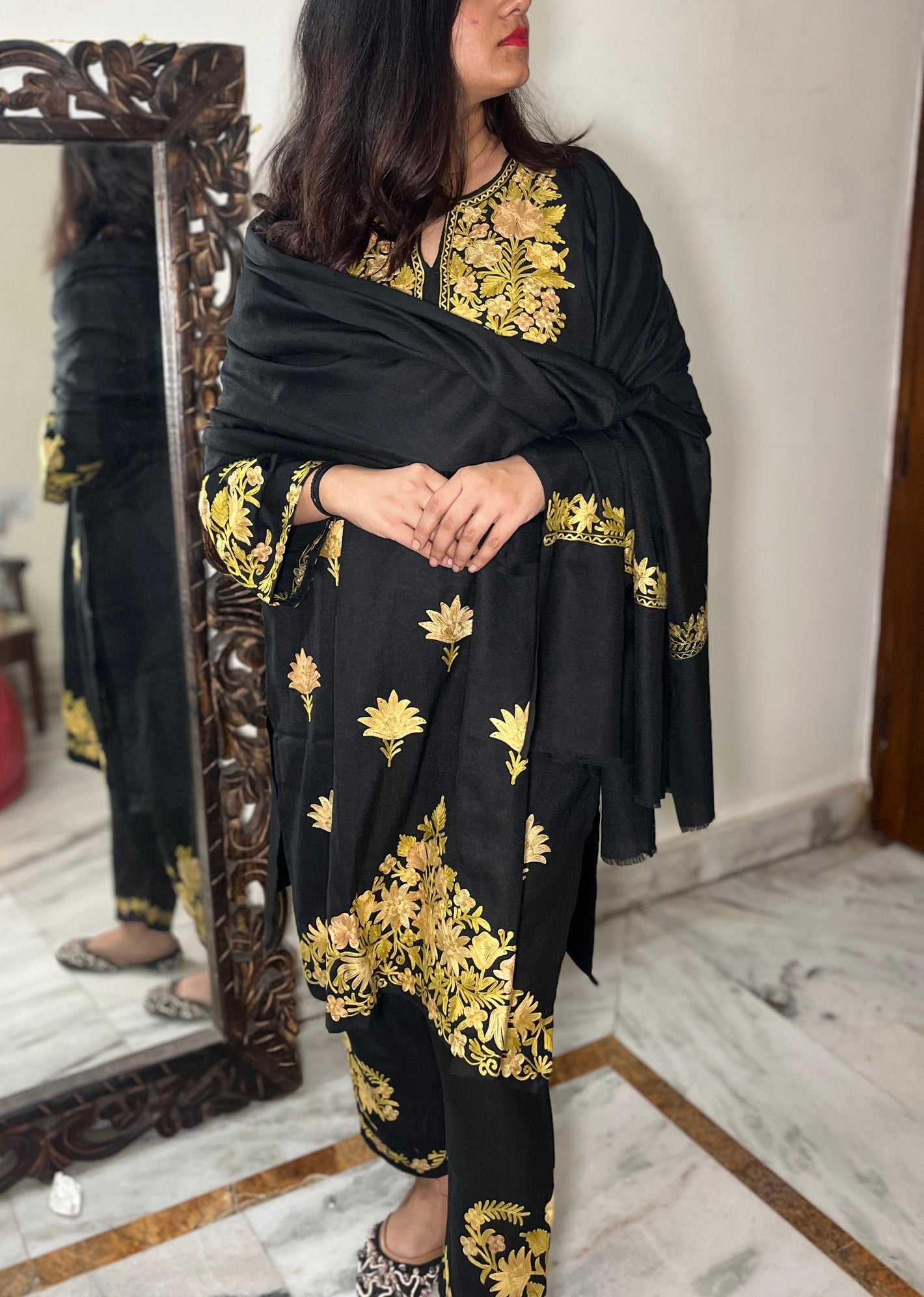 Hina woollen kurta stole set - black