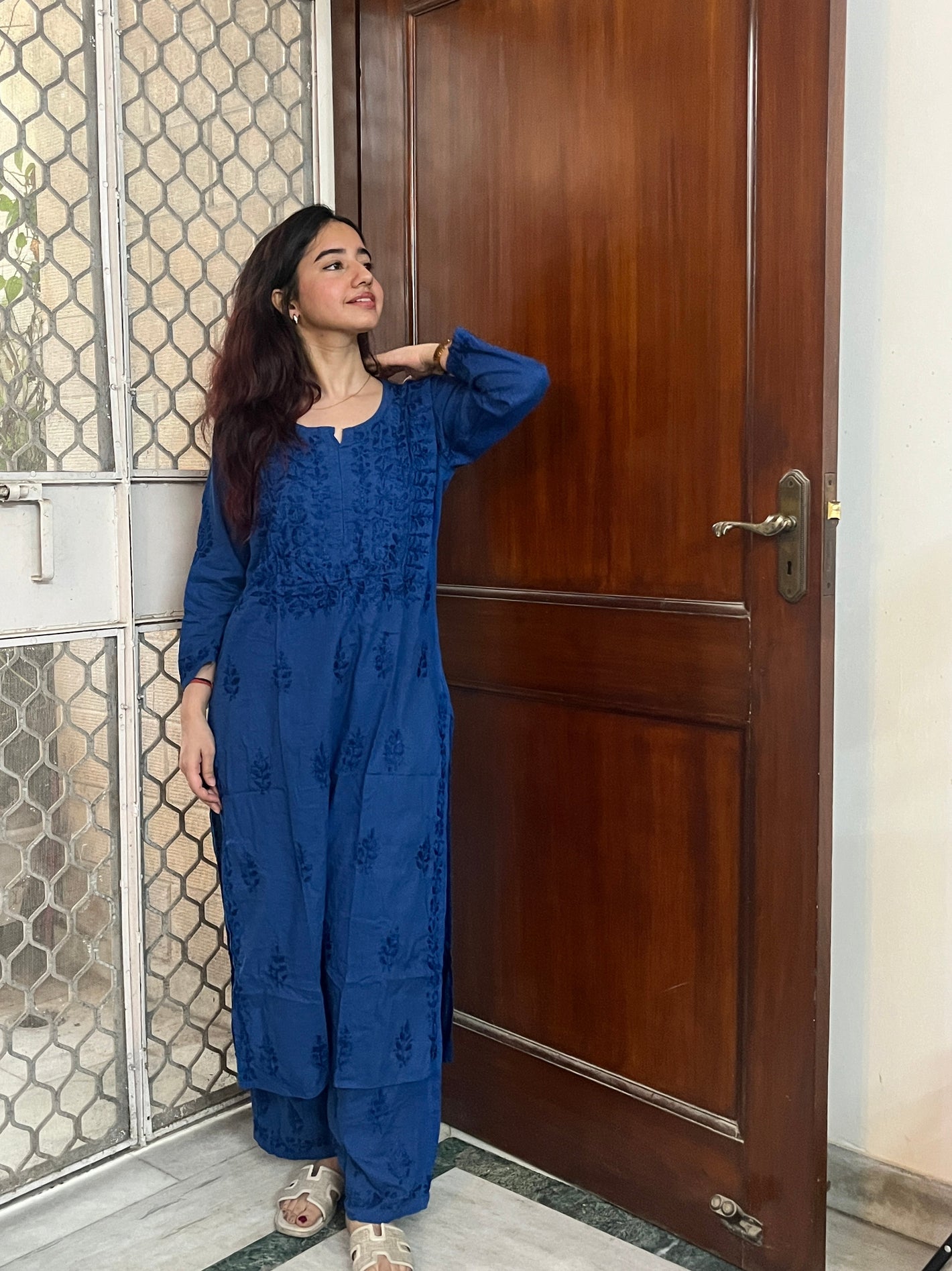 Saniya Dobby Cotton Chikankari Suit set- Blue