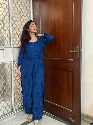 Saniya Dobby Cotton Chikankari Suit set- Blue