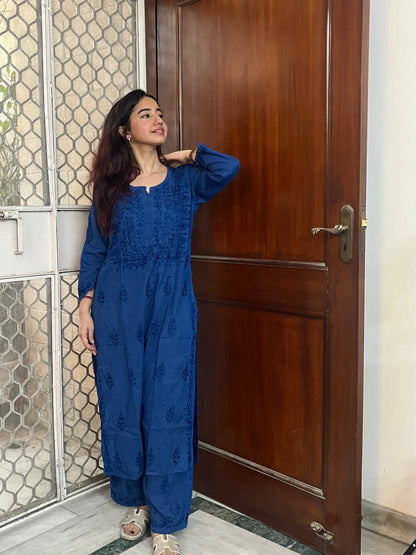 Saniya Dobby Cotton Chikankari Suit set- Blue