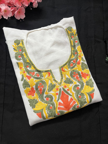 Noor Aari Woollen Pheran- White