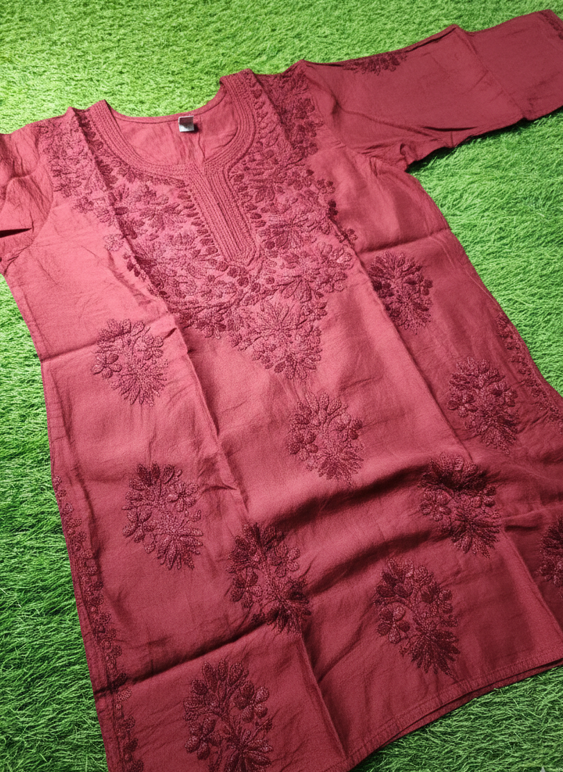 Jiya Chanderi short kurti- Brick red