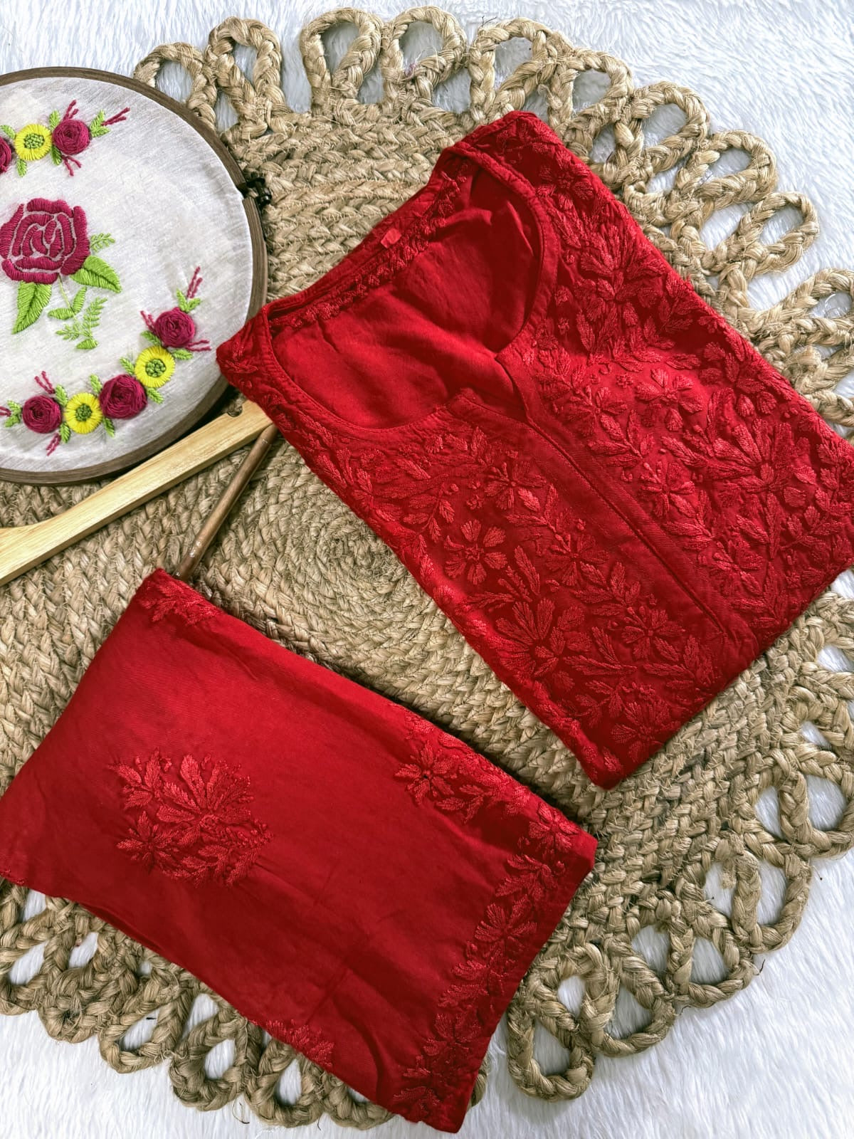 Aisha Rayon Chikankari kurta palazzo set- Red