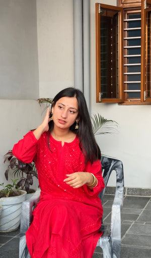 Leela Mukaish Cotton Chikankari kurta palazzo set- Red