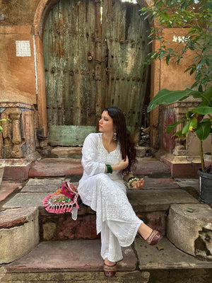 Palak modal chikankari kurta set- white