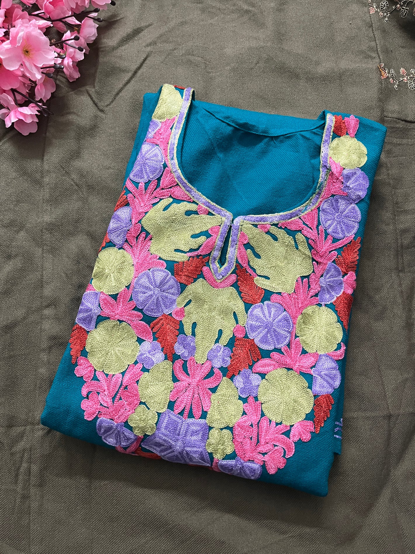 Noor Aari Woollen Pheran- Teal