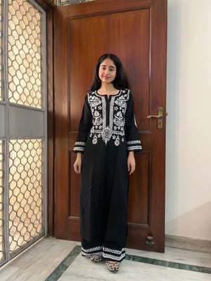 Cotton Chikankari Kurta Set- Black