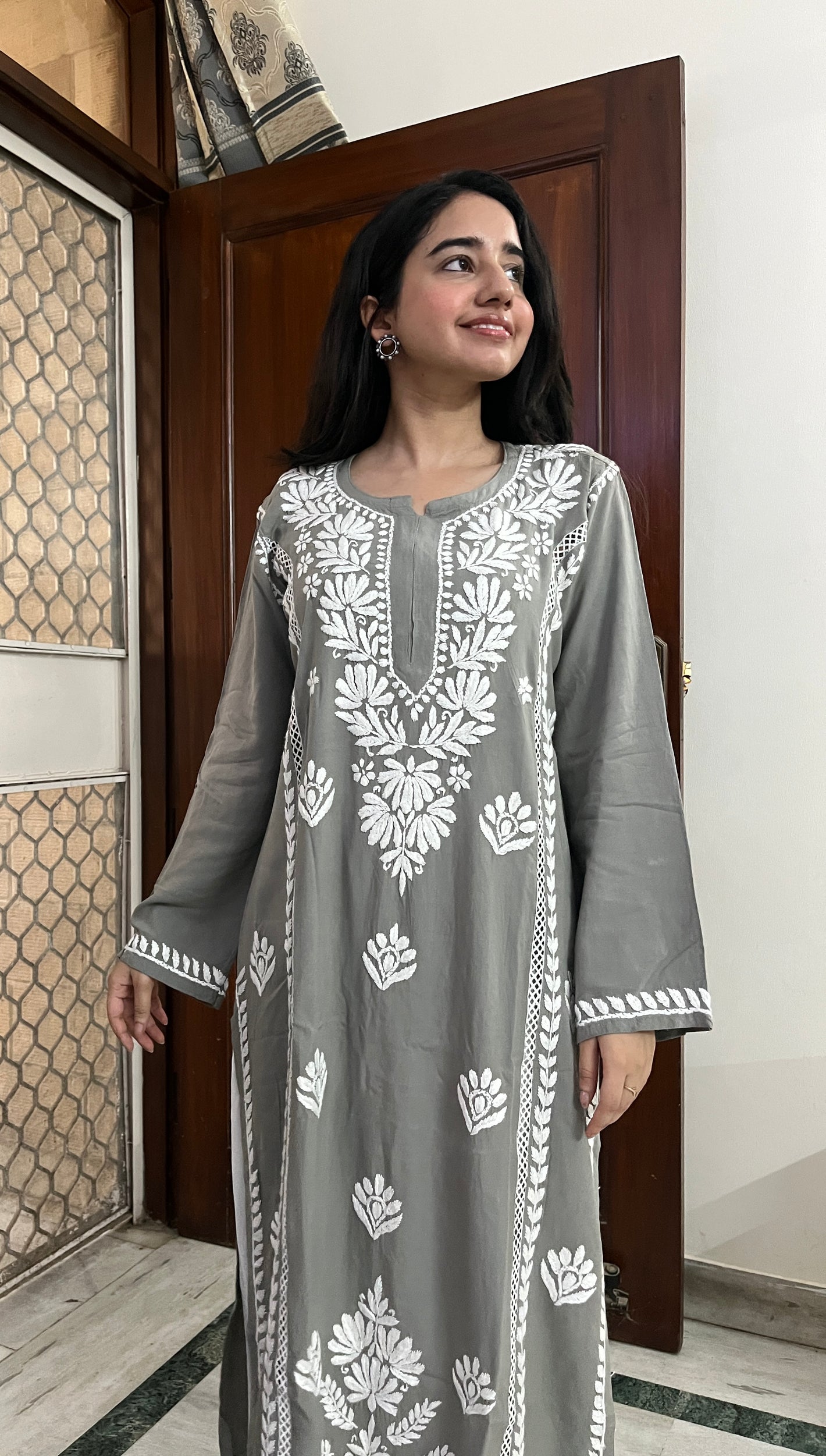 Rayon Lace Chikankari Kurta- Grey