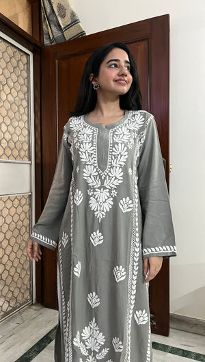 Rayon Lace Chikankari Kurta- Grey