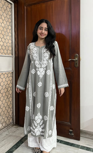 Rayon Lace Chikankari Kurta- Grey