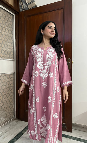 Rayon Lace Chikankari Kurta- Pink